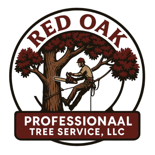 Arborist climbing red oak tree for professional tree service logo